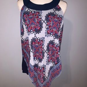 AB Studio Blue Red White Print Blouse Size Large